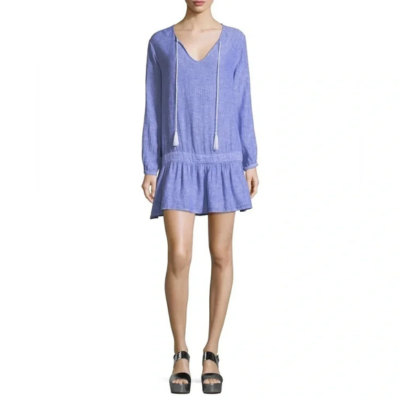 Rails Lydia Split Neck Drop Waist Blue White Stripe Linen Mini Dress Size Medium - Picture 6 of 6